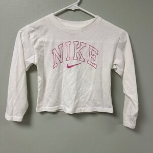 Nike Kids Girls White Long Sleeve Pink Glitter Logo Graphic Tee Shirt Size 6